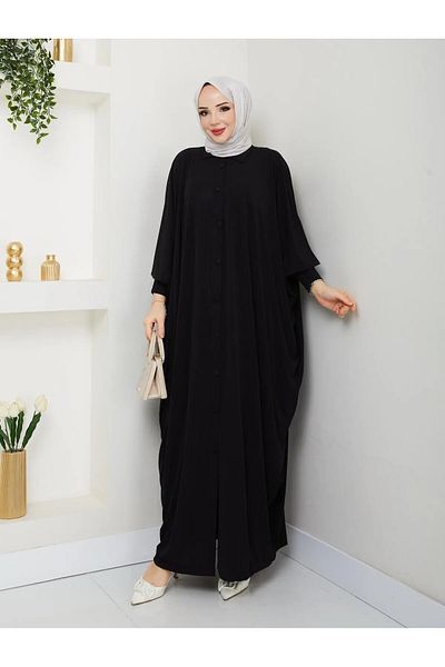 ECK MODA Women's Oversize Bat Sleeve Long Front Buttoned Lycra Sandy Fabric Necklace Detail Ferace