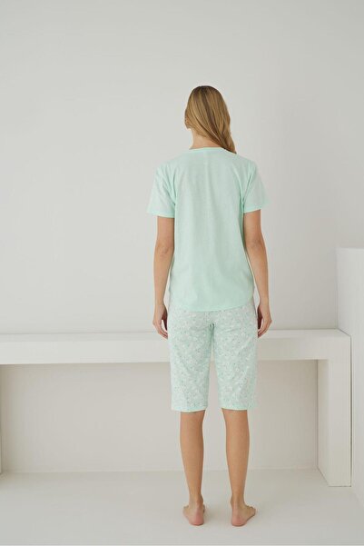 FORMO Women's 100% Organic Cotton Mint Floral Patterned Short Sleeve Capri Natural Pajama Set