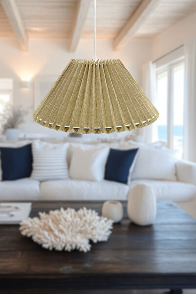 Genel Markalar Pileli Desen Keten Açık Kahve Kumaşlı Özel Tasarım Tekli Sarkıt Avize Aydınlatma Modelleri