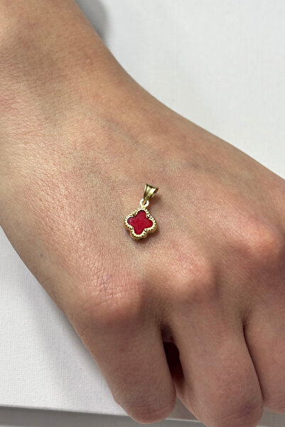 DİAMİNE PIRLANTA 14 Ayar Altın Kırmızı Taşlı Yonca Kolye Ucu