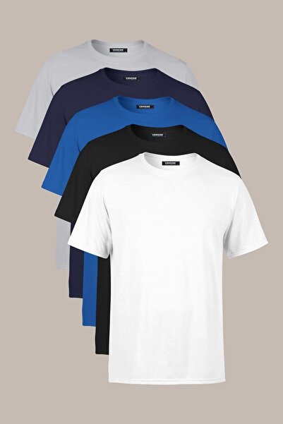 COMEOR Erkek Çok Renkli T- Shirt Regular Fit Rahat Kesim Bisiklet Yaka 5'li B...