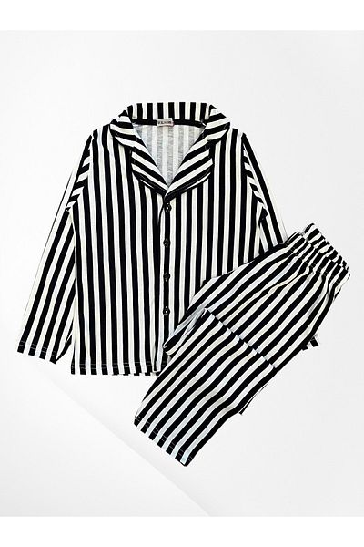 Pajama Shop Set de pijamale cu mânecă lungă, 100% bumbac, cu model în dungi negre, guler de cămașă