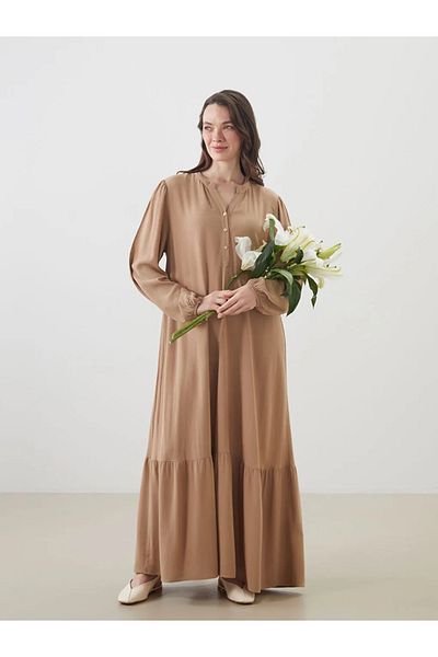 LC Waikiki Φόρεμα LCW Grace Beige με λαιμόκοψη με υφή σε γραμμή Α