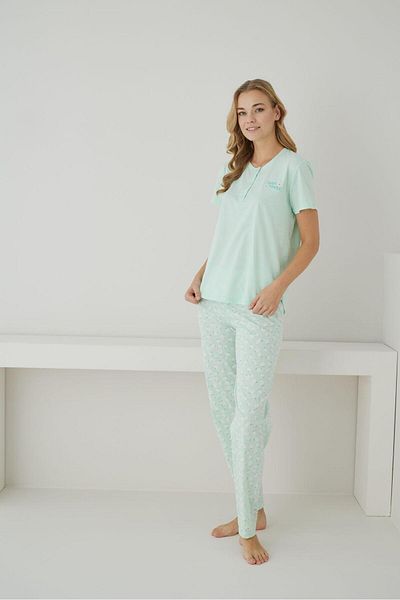FORMO Women's 100% Organic Cotton Mint Floral Patterned Short Sleeve Natural Pajama Set