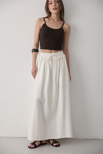 JASTE Women's Ecru Lined Linen Skirt with Elastic Waist and Double Pockets