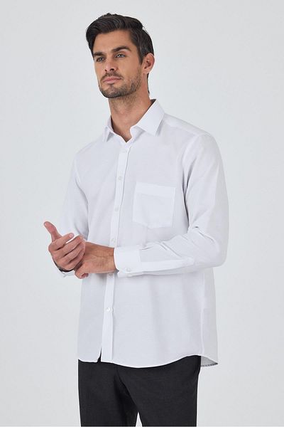 İmza Μακρυμάνικο μοτίβο Dobby σκληρό πέτο με τσέπη Cotton Classic Comfort Fit πουκάμισο 1004250187