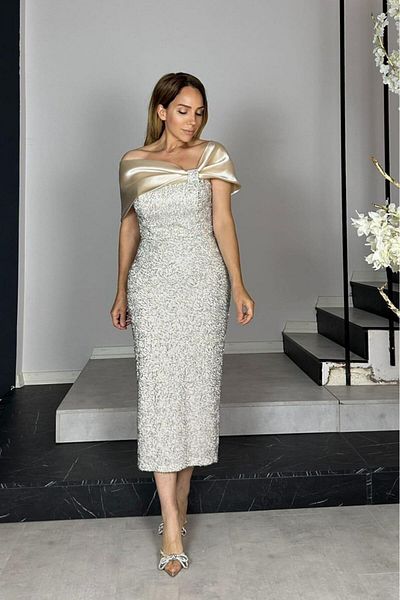 gesmoda G1411 Satin Collar Detailed Design Evening Dress Cream