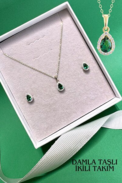Hepimitu Damla Taşlı Zümrüt Renkli İkili Altın Set