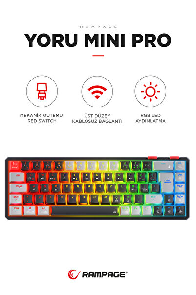 Rampage Yoru Mini Pro Type-c Rgb Red Swich Mekanik Kablosuz Oyuncu Klavyesi-siyah/gri