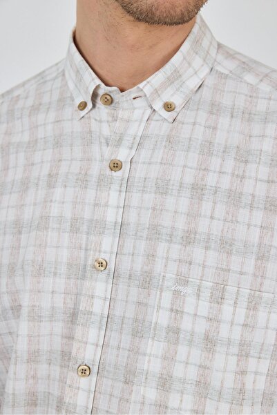 İmza Dark Green Short Sleeve Plaid Pattern Button Collar Cotton Casual Comfort Fit Shirt 1004250101