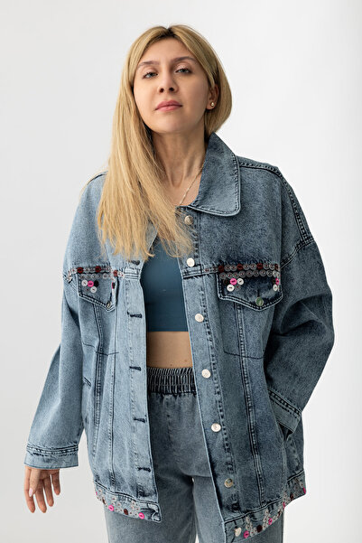 Suede Style 5470 - Düğme Aksesuar Detaylı Rahat Şık Kadın Kot Ceket