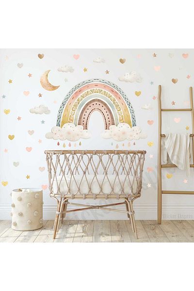 Sticker Ekspres Set de autocolante de perete pentru cameră pentru copii Boho Rainbow în culori pastelate