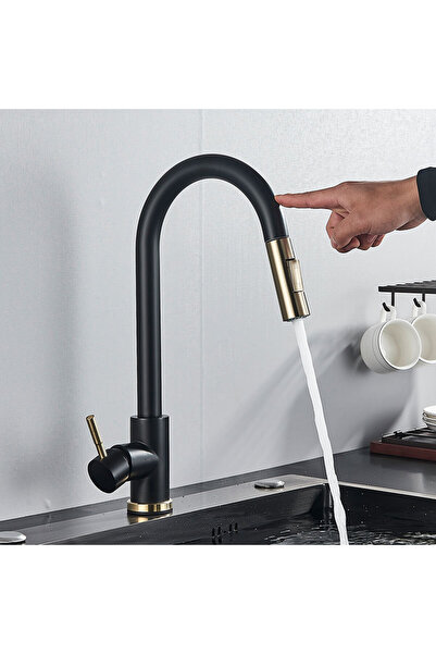 Blackswan Design Baterie chiuveta bucatarie, Blackswan, Tip M28 cu senzor, model negru/ auriu, dimensiune 39 cm