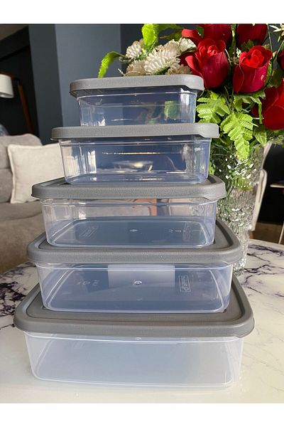Doğuş Mutfak 5 Pieces Rectangular Food Storage Container - Microwave Suitable Organizer Organizer Gray