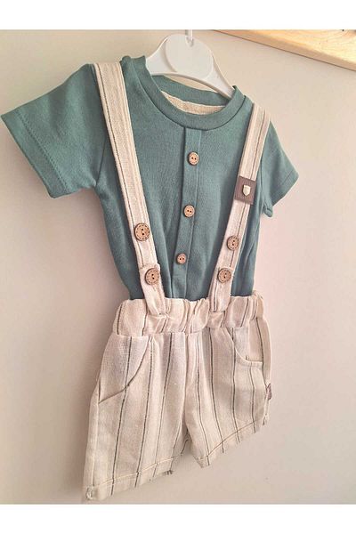 Nimini Kids New Season Baby Boy T-Shirt and Shorts Salopet - Linen Blended, Button Detailed (6-24 Months)