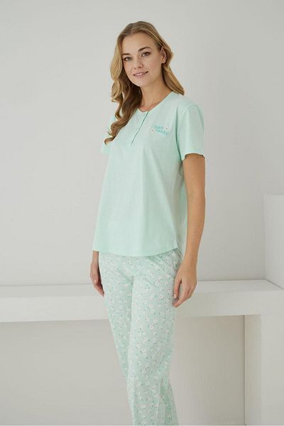 FORMO Women's 100% Organic Cotton Mint Floral Patterned Short Sleeve Natural Pajama Set
