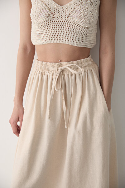 JASTE Γυναικεία Μπεζ λινό φούστα με διπλή τσέπη με ελαστική μέση