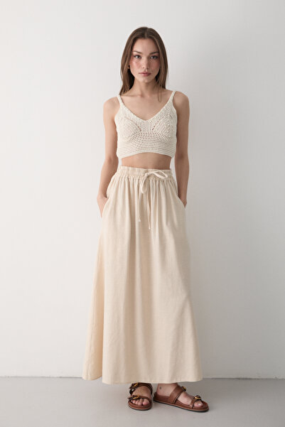 JASTE Γυναικεία Μπεζ λινό φούστα με διπλή τσέπη με ελαστική μέση