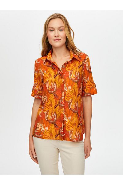 Faik Sönmez Women's Tropical Pattern Short Sleeve Cotton Voile Shirt Faik Sönmez