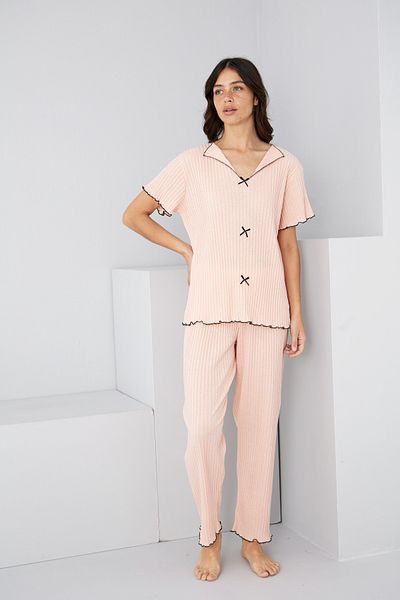 Siyah İnci Salmon Seasonal Thin Bow Pajama Suit7879