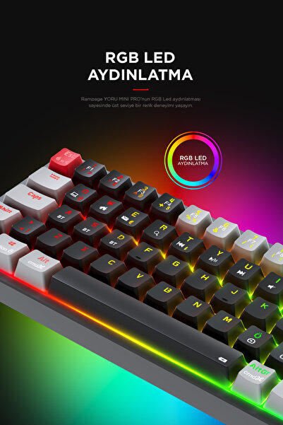 Rampage Yoru Mini Pro Type-c Rgb Red Swich Mekanik Kablosuz Oyuncu Klavyesi-siyah/gri