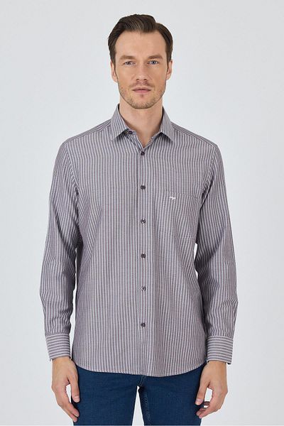 İmza Long Sleeve Striped Pattern Dobby Hard Collar Pocket Cotton Classic Comfort Fit Shirt 1004250173