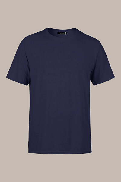mmetalic Erkek Lacivert %100 Pamuk T- Shirt Regular Fit Rahat Kesim Bisiklet Yaka Basic Tişört