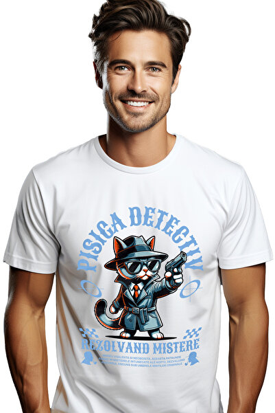 StoryGift Romania Tricou Barbati Pisica Detectiv Rezolvand Mistere - Sherlock Cat Cu Imprimeu Pe Fata, 100% Stg