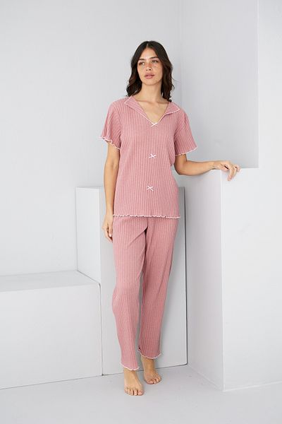 Siyah İnci Powder Seasonal Thin Bow Pajama Suit7879