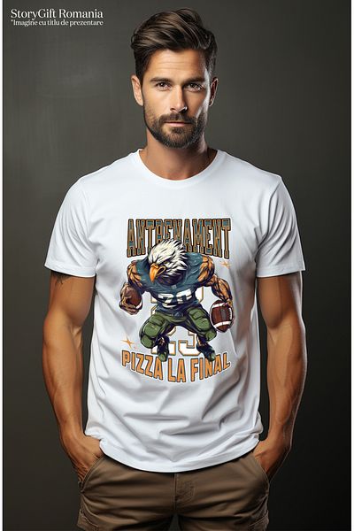 StoryGift Romania Men's T-Shirt Training Now Pizza At The End, Football Eagle With Front Print, 100% B Stg