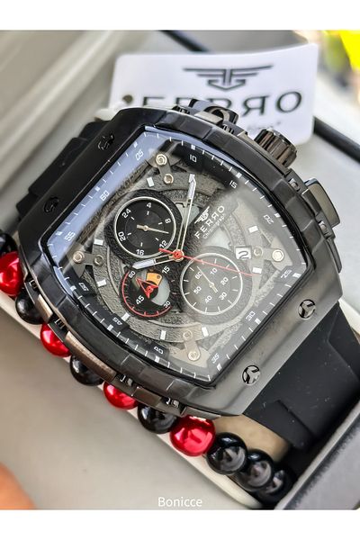 FERRO Sport Men's Watch, Active Functions, Black Silicone, with Calendar, Bracelet Gift