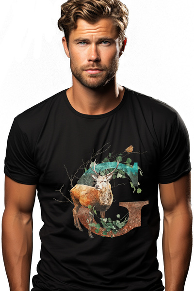 StoryGift Romania Tricou Barbati Cu Litera, G, Cerb, Pasare, Crengi, Frunze, ...