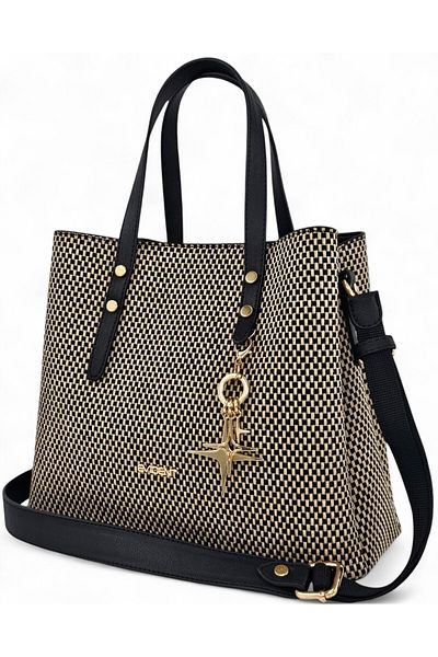 Evident Black Woven Straw Adjustable Cross Strap Women's Handbag with Accessories
