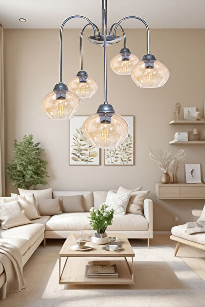 Turanconcept Dora 5 Li Avize Dekoratif Tasarım Modern Kollu Camlı Avize Oturm...