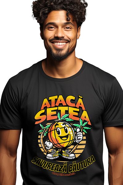 StoryGift Romania Men's T-Shirt Attack Thirst, Enjoy Orange Beach Drink With Front Print, 100% Cotton