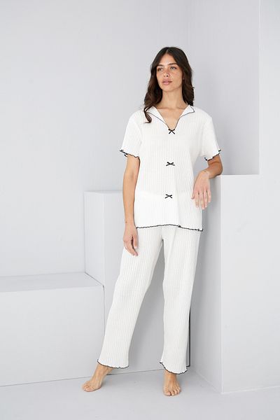 Siyah İnci Costum de pijama alb cu fundă subțire de sezon7879