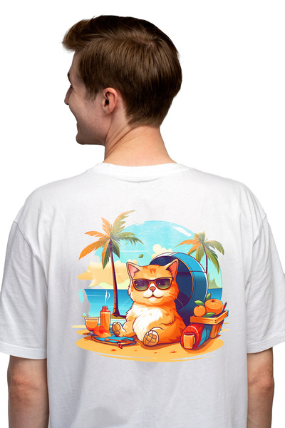 StoryGift Romania Tricou Barbati Cu O Pisica La Mare, Ilustratie, Relaxare, A...