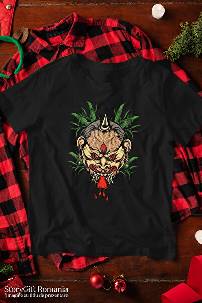 StoryGift Romania Men's T-Shirt With Oni Mask, Bamboo, Blood, Earrings, Asian, Demon, With Print On The Face, Stg
