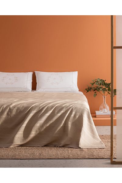 Madame Coco Mathilda King Size 100% Cotton Karde Plain Pique Set - Beige