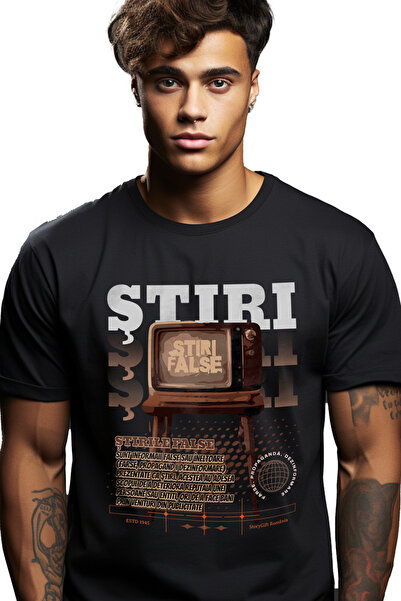 StoryGift Romania Tricou Barbati Televizor Vintige Stiri False Digitalizare Cu Imprimeu Pe Fata, 100% Bumbac Stg