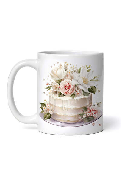 OEM Cană albă personalizată, Tort de nuntă cu trandafiri roz și flori albe, I...