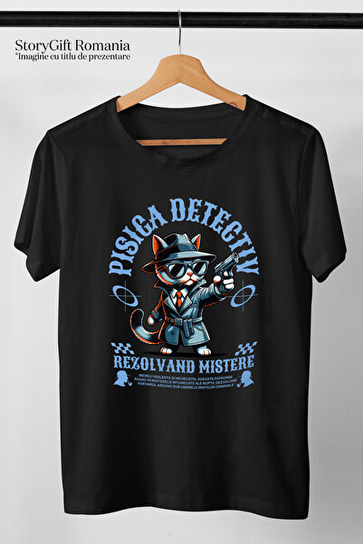 StoryGift Romania Tricou Barbati Pisica Detectiv Rezolvand Mistere - Sherlock Cat Cu Imprimeu Pe Fata, 100% Stg