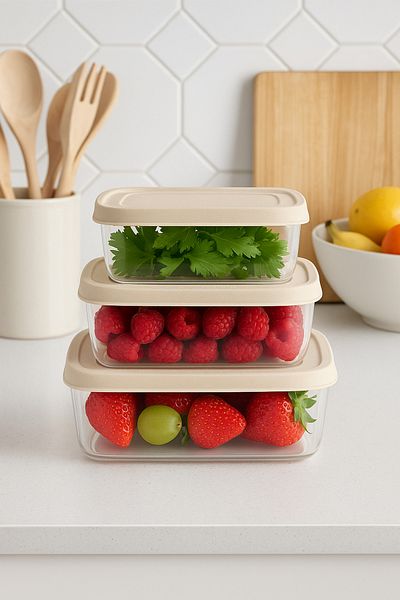 Doğuş Mutfak 3 Pieces Rectangular Food Storage Container - Microwave Suitable Organizer Beige