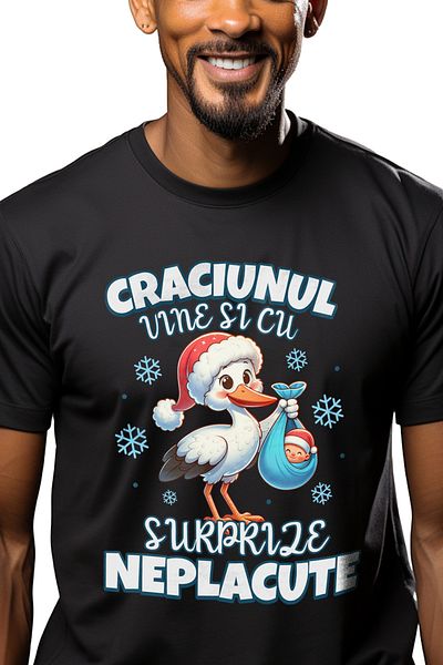StoryGift Romania Men's T-Shirt Christmas Comes With Unpleasant Surprises Stork With Baby With Print On Left Side