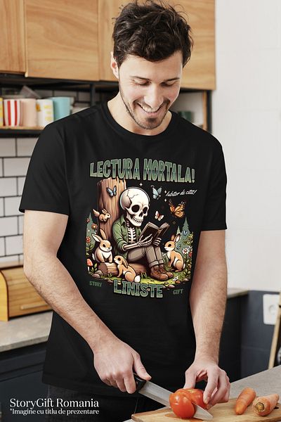 StoryGift Romania Tricou Barbati Schelete Cititnd Lectura Mortala Iubitor De Carti Cu Imprimeu Pe Fata, 100% Stg