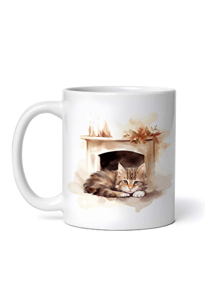 OEM Εξατομικευμένη λευκή κούπα, Γάτα μπροστά στο τζάκι, INOVATIX®. 330ml