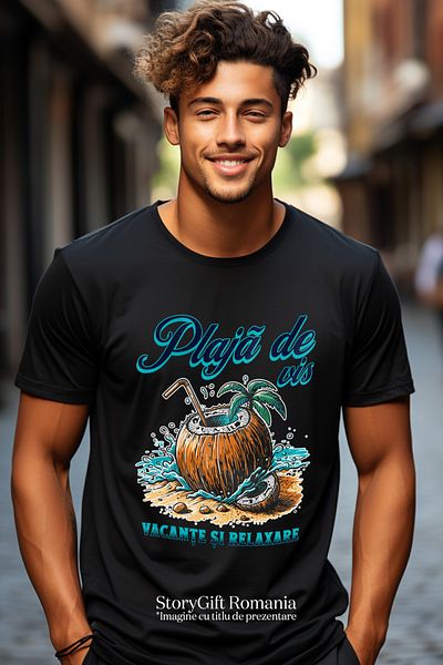StoryGift Romania Tricou Barbati Plaja De Vis, Vacante Si Relaxare Nuca De Cocos Cu Imprimeu Pe Fata, 100% B Stg