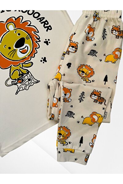 elmas kids Σετ ανδρικής παιδικής κρέμας 100% βαμβακερή κρέμα Lion Safari με κοντό μανίκι μακρυά πιτζάμες