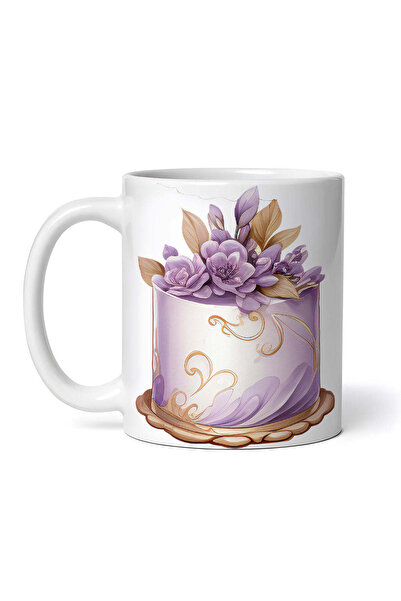 OEM Cană albă personalizată, tort mov cu flori și frunze bej, INOVATIX®. 330ml