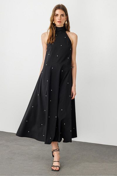 pieces of melon Black Stand Collar Halter Wide Cut A-Form Rhinestone Midi Dress
